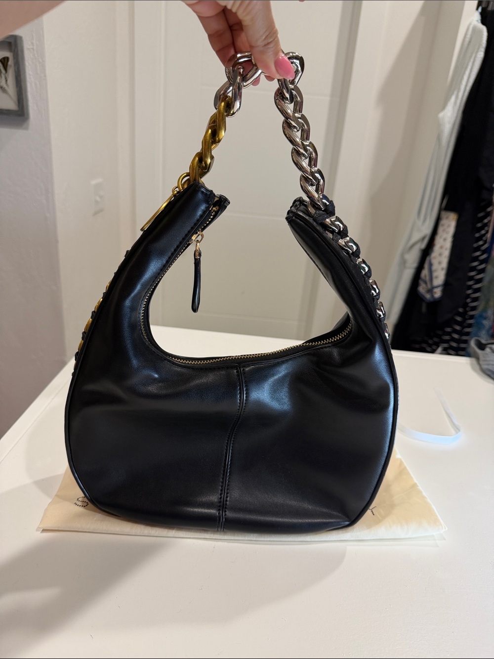 Black Leather Chain-Handle Shoulder Bag